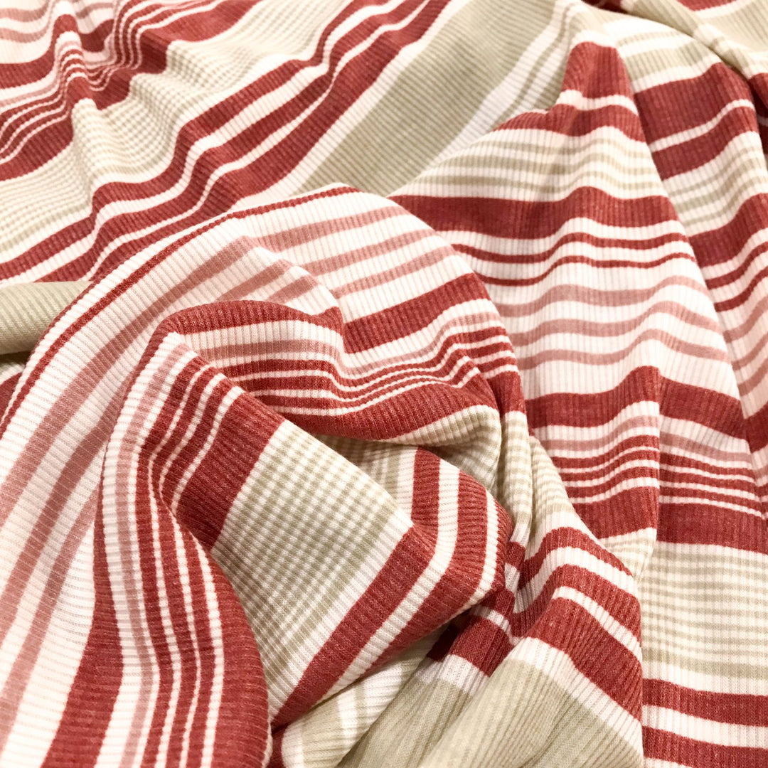 Brick Tan Mauve Stripes Rayon Rib Knit Fabric - 95% Rayon 5% Elastane - Wide Stretchy Deadstock Material for Cardigans & Tees