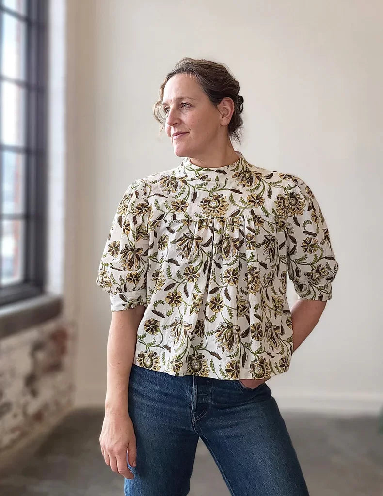 Sew House Seven Regalia Blouse sewing pattern with gathered sleeves, stand-up collar, and tie-back design – standard sizes 00–20