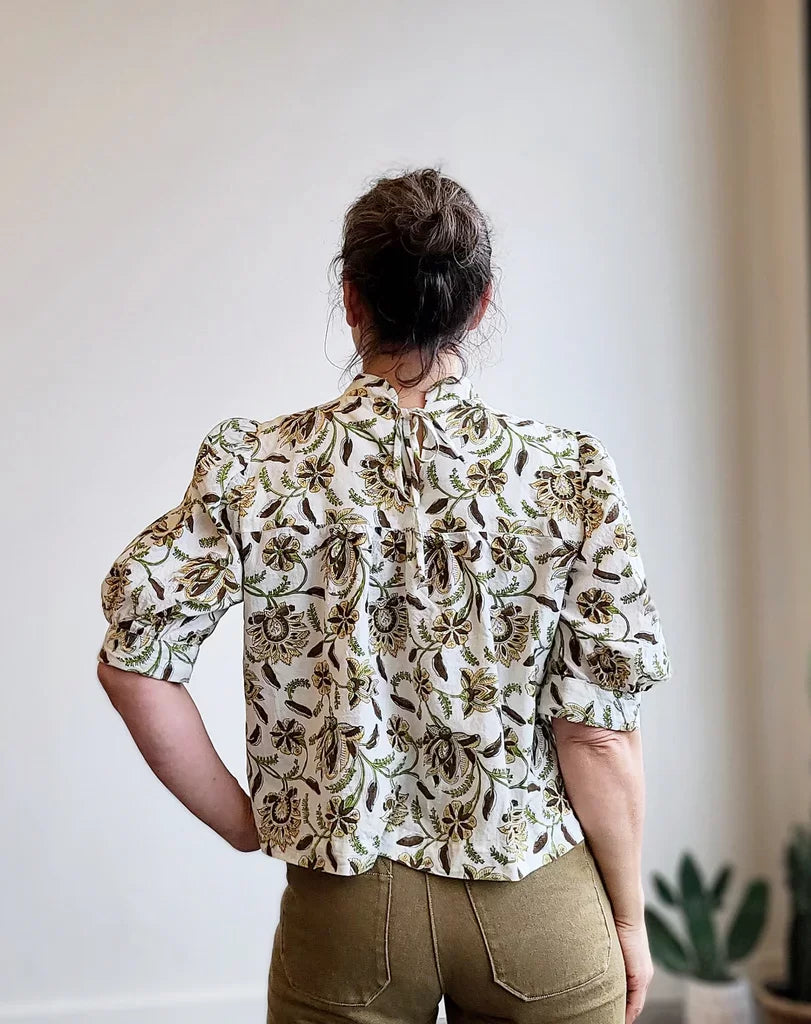 Sew House Seven Regalia Blouse sewing pattern with gathered sleeves, stand-up collar, and tie-back design – standard sizes 00–20