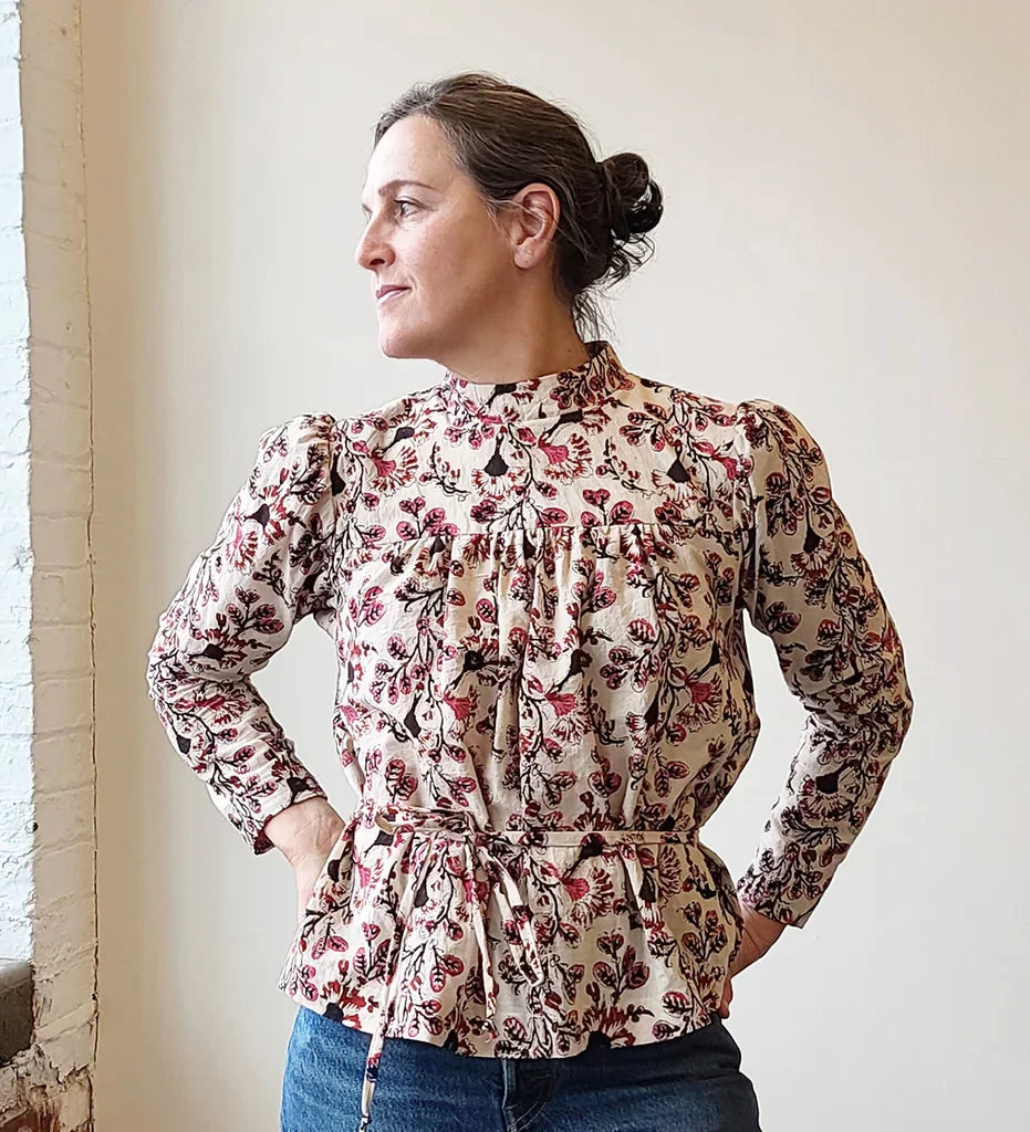 Sew House Seven Regalia Blouse sewing pattern with gathered sleeves, stand-up collar, and tie-back design – standard sizes 00–20