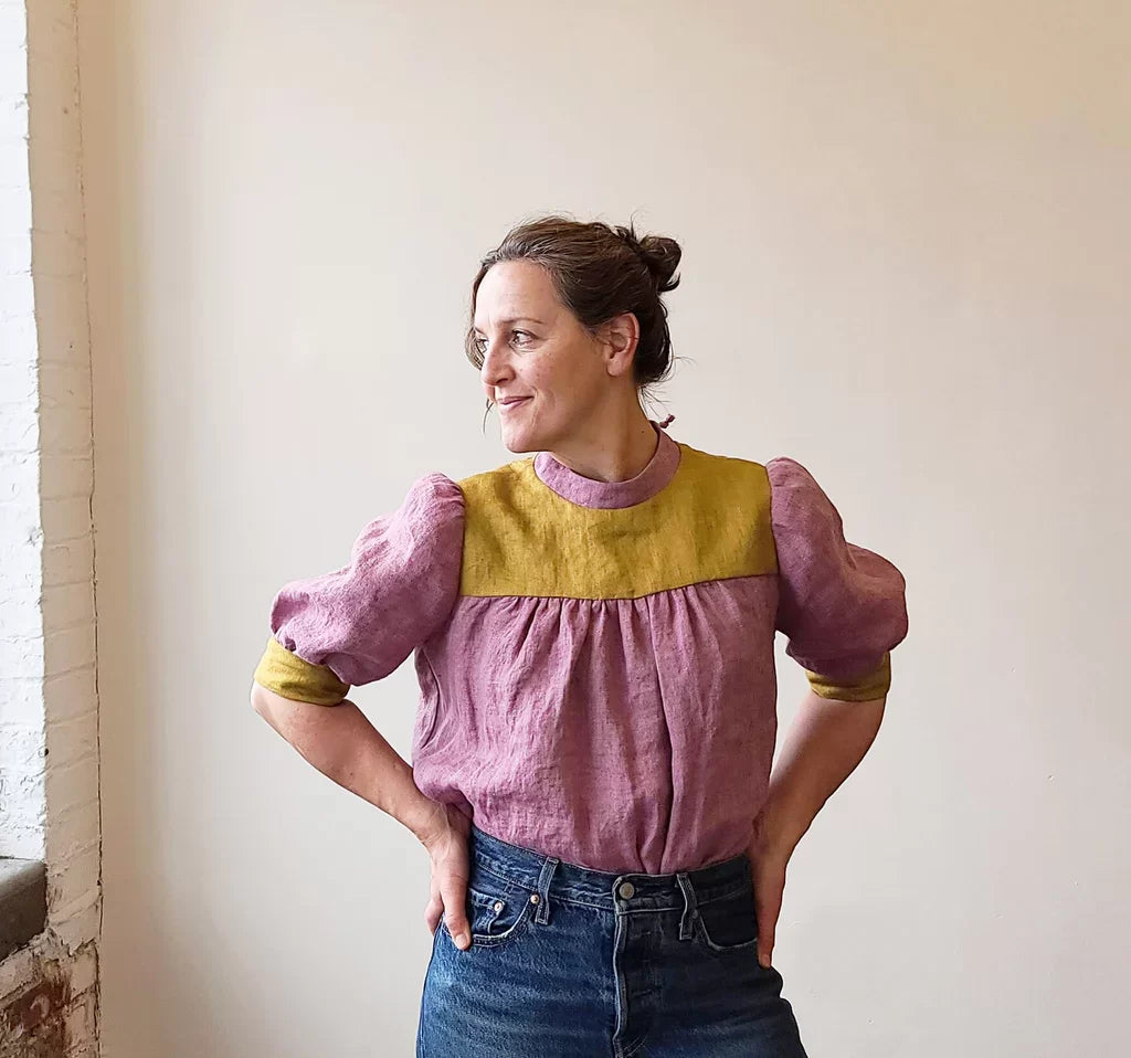 Sew House Seven Regalia Blouse sewing pattern with gathered sleeves, stand-up collar, and tie-back design – standard sizes 00–20