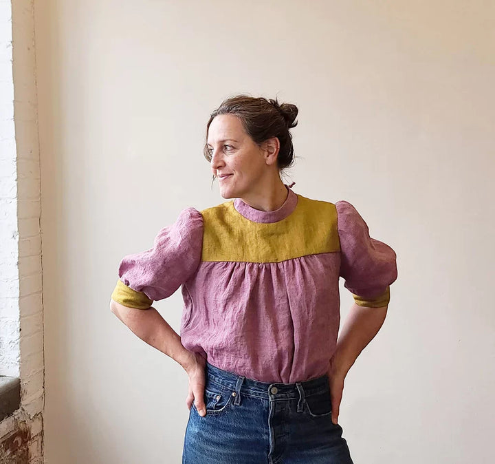 Sew House Seven Regalia Blouse sewing pattern with gathered sleeves, stand-up collar, and tie-back design – standard sizes 00–20
