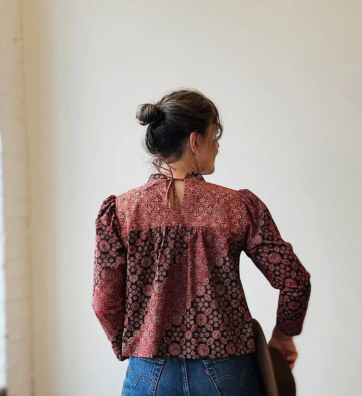 Sew House Seven Regalia Blouse sewing pattern with gathered sleeves, stand-up collar, and tie-back design – standard sizes 00–20