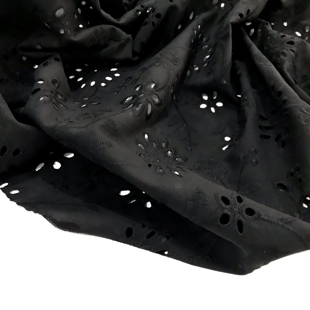 Cotton Eyelet Deep Black Floral – 100% cotton, 54 inches wide, lightweight embroidered fabric for sewing summer tops, dresses, and skirts