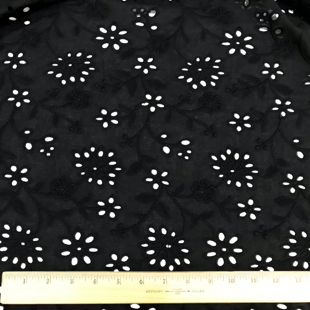 Cotton Eyelet Deep Black Floral – 100% cotton, 54 inches wide, lightweight embroidered fabric for sewing summer tops, dresses, and skirts