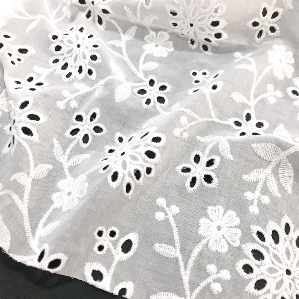 Cotton Eyelet Bright White Floral – 100% cotton, 54 inches wide, lightweight embroidered fabric for sewing summer tops, dresses, and skirts