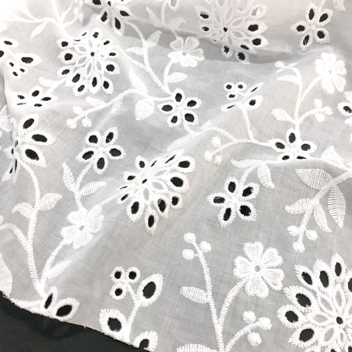 Cotton Eyelet Bright White Floral – 100% cotton, 54 inches wide, lightweight embroidered fabric for sewing summer tops, dresses, and skirts