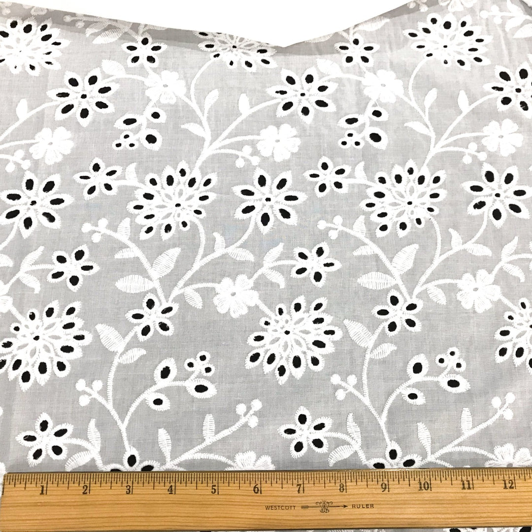 Cotton Eyelet Bright White Floral – 100% cotton, 54 inches wide, lightweight embroidered fabric for sewing summer tops, dresses, and skirts