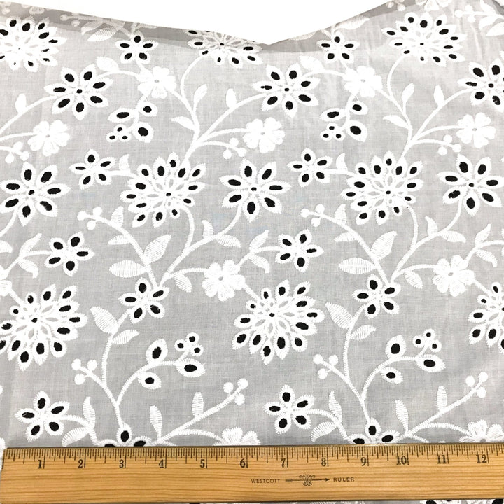 Cotton Eyelet Bright White Floral – 100% cotton, 54 inches wide, lightweight embroidered fabric for sewing summer tops, dresses, and skirts