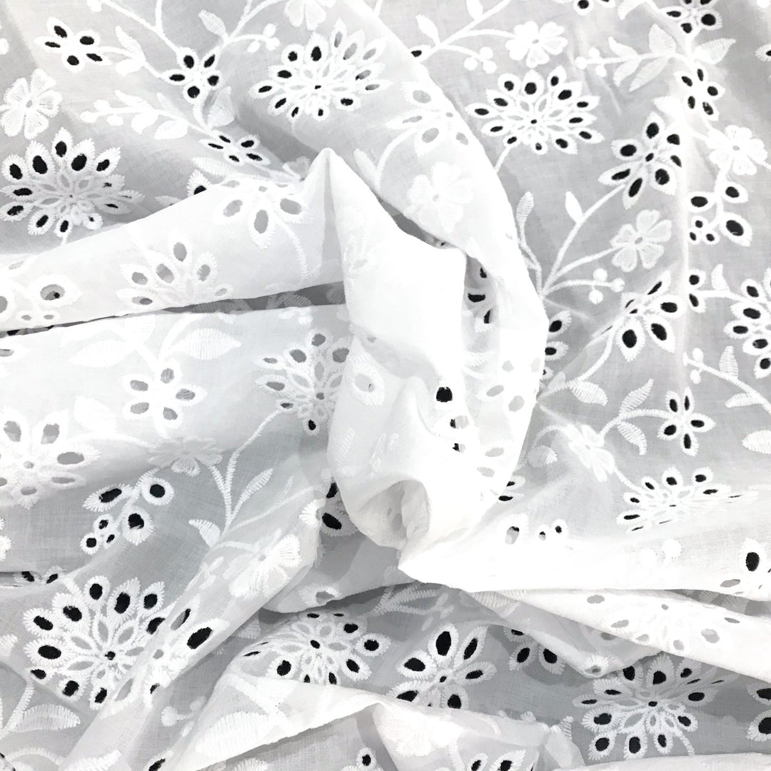 Cotton Eyelet Bright White Floral – 100% cotton, 54 inches wide, lightweight embroidered fabric for sewing summer tops, dresses, and skirts