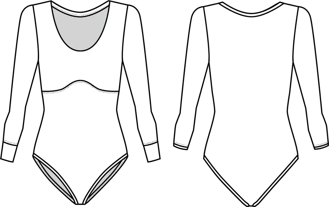 Friday Pattern Co. Elysian Bodysuit sewing pattern – long-sleeve knit bodysuit with scoop neck for sizes XS-7X