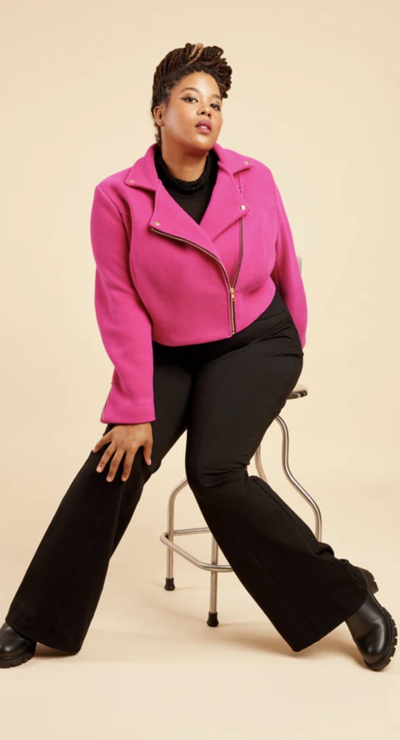 Cashmerette Canton Moto Jacket sewing pattern for sizes 12-32 - curve-hugging biker jacket with asymmetrical zip and princess seams