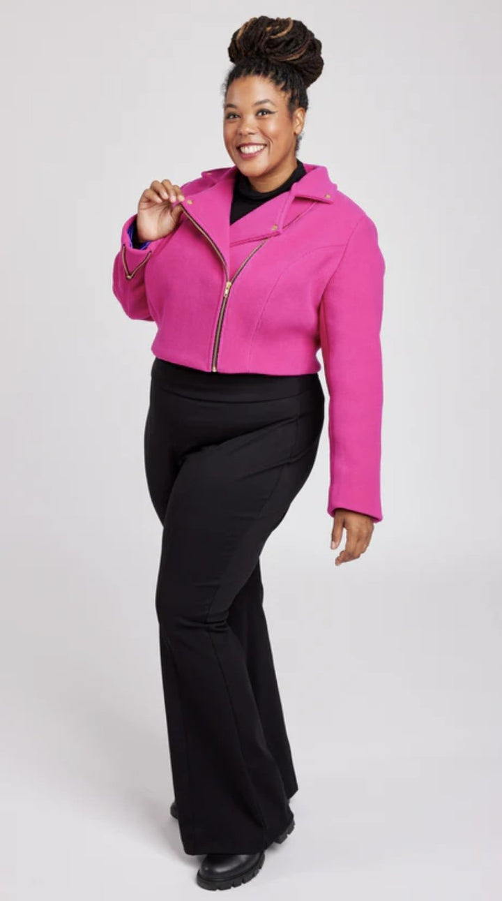 Cashmerette Canton Moto Jacket sewing pattern for sizes 12-32 - curve-hugging biker jacket with asymmetrical zip and princess seams