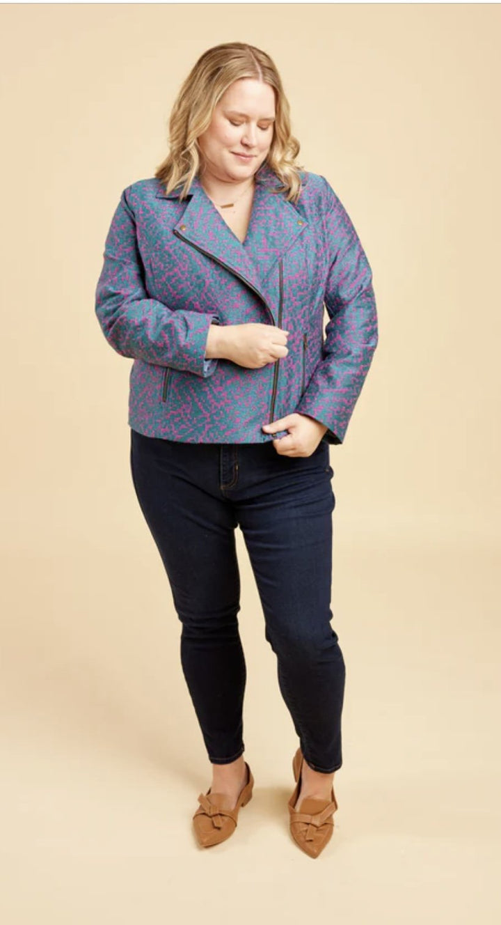 Cashmerette Canton Moto Jacket sewing pattern for sizes 12-32 - curve-hugging biker jacket with asymmetrical zip and princess seams