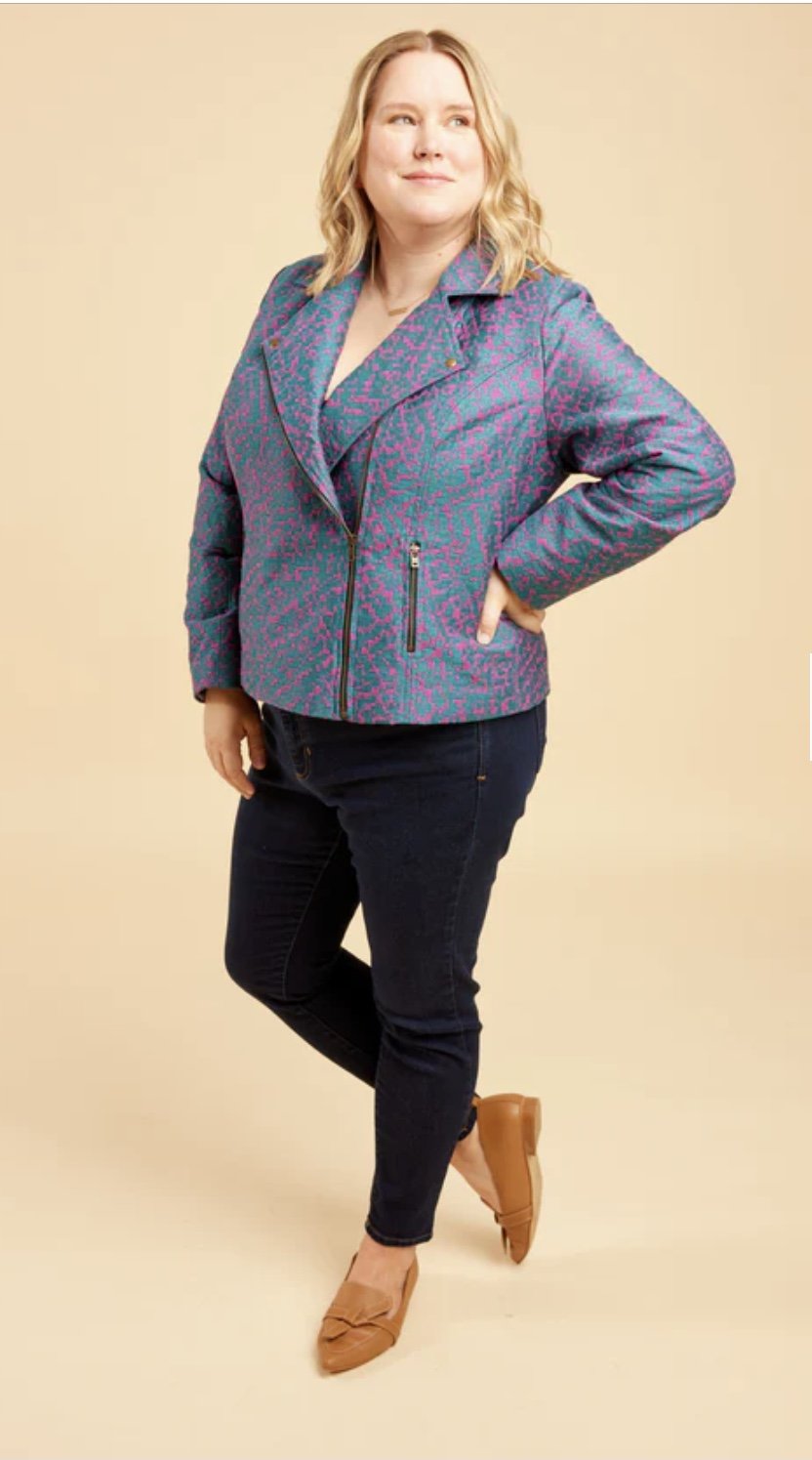 Cashmerette Canton Moto Jacket sewing pattern for sizes 12-32 - curve-hugging biker jacket with asymmetrical zip and princess seams