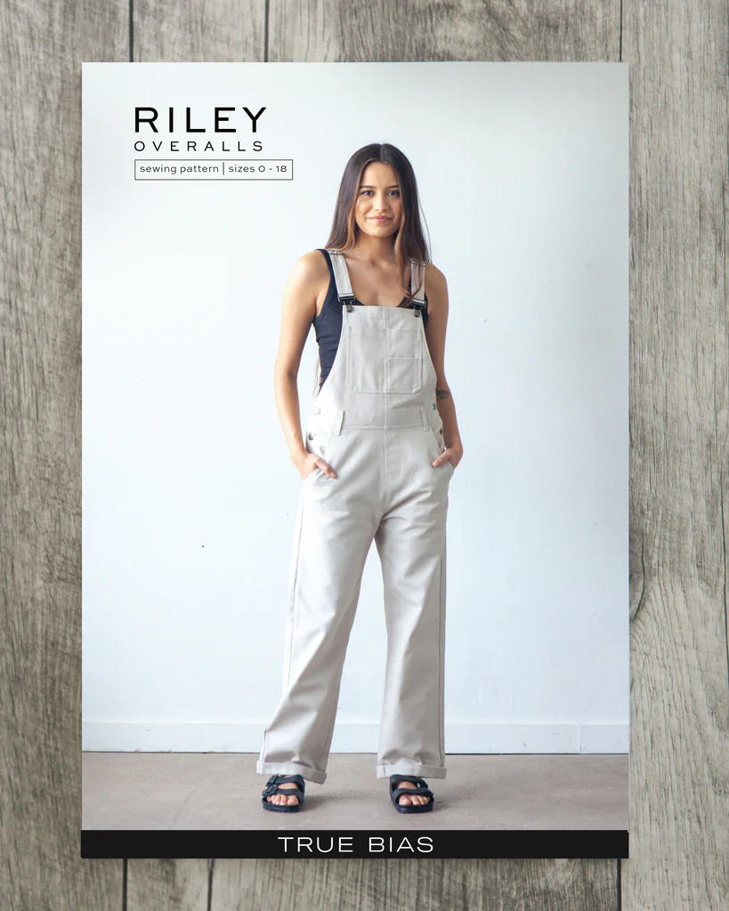 True Bias Riley Overalls sewing pattern – relaxed-fit denim overalls with shorts or pants options for sizes 0-18
