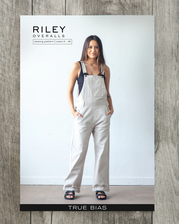 True Bias Riley Overalls sewing pattern – relaxed-fit denim overalls with shorts or pants options for sizes 0-18