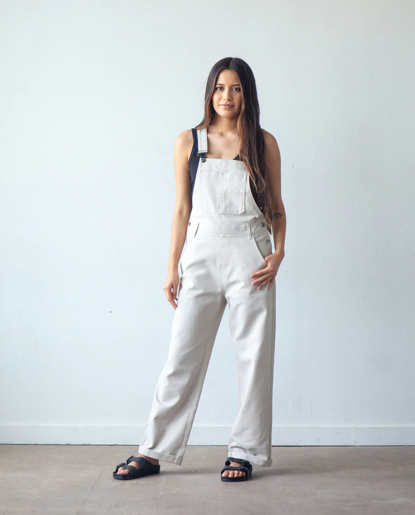 True Bias Riley Overalls sewing pattern – relaxed-fit denim overalls with shorts or pants options for sizes 0-18
