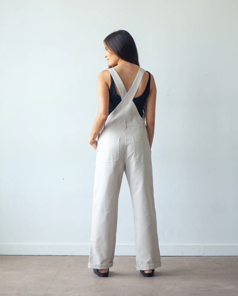 True Bias Riley Overalls sewing pattern – relaxed-fit denim overalls with shorts or pants options for sizes 0-18