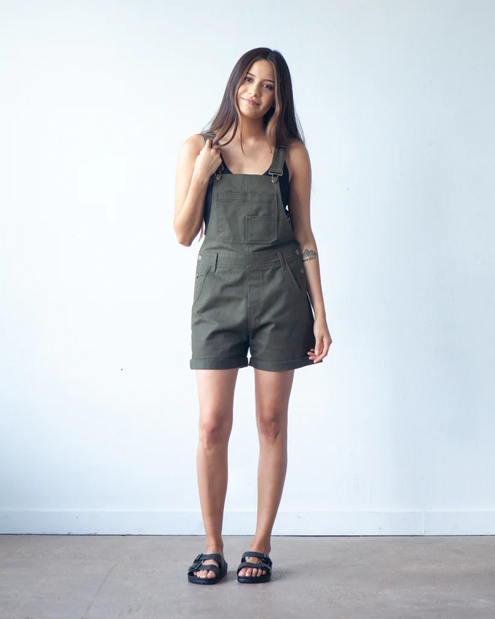 True Bias Riley Overalls sewing pattern – relaxed-fit denim overalls with shorts or pants options for sizes 0-18