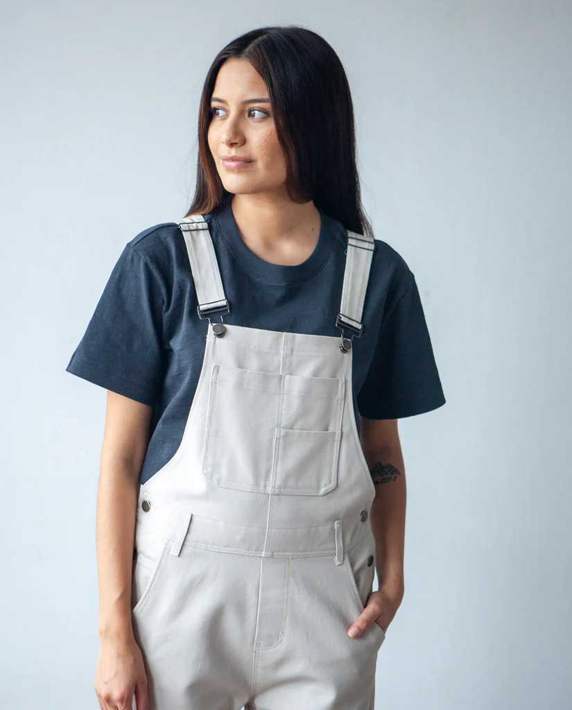 True Bias Riley Overalls sewing pattern – relaxed-fit denim overalls with shorts or pants options for sizes 0-18