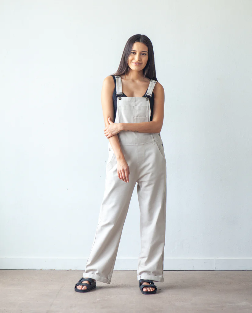 True Bias Riley Overalls sewing pattern – relaxed-fit denim overalls with shorts or pants options for sizes 0-18