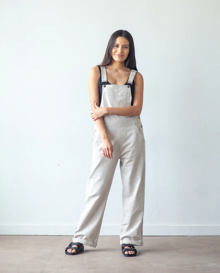 True Bias Riley Overalls sewing pattern – relaxed-fit denim overalls with shorts or pants options for sizes 0-18