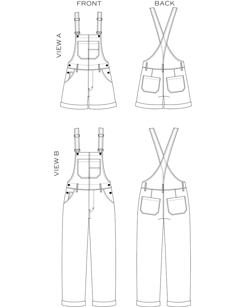 True Bias Riley Overalls sewing pattern – relaxed-fit denim overalls with shorts or pants options for sizes 0-18