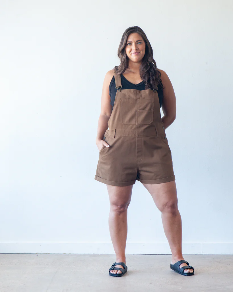True Bias Riley Overalls sewing pattern – relaxed-fit denim overalls with shorts or pants options for sizes 14-32