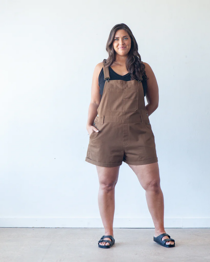 True Bias Riley Overalls sewing pattern – relaxed-fit denim overalls with shorts or pants options for sizes 14-32