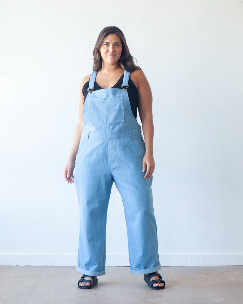 True Bias Riley Overalls sewing pattern – relaxed-fit denim overalls with shorts or pants options for sizes 14-32