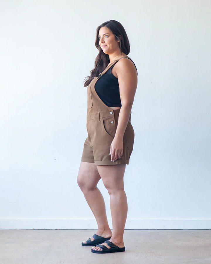 True Bias Riley Overalls sewing pattern – relaxed-fit denim overalls with shorts or pants options for sizes 14-32