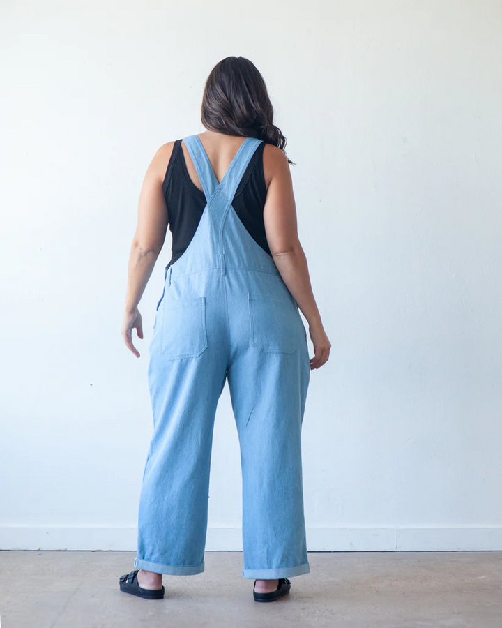 True Bias Riley Overalls sewing pattern – relaxed-fit denim overalls with shorts or pants options for sizes 14-32