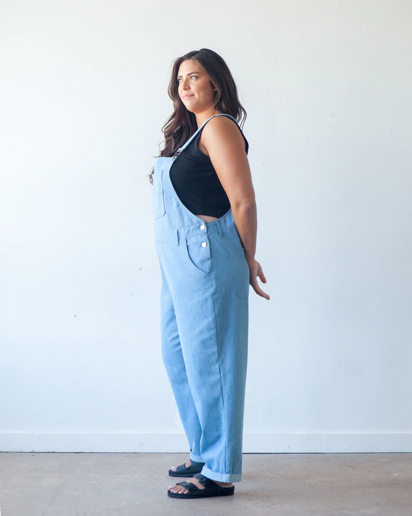 True Bias Riley Overalls sewing pattern – relaxed-fit denim overalls with shorts or pants options for sizes 14-32