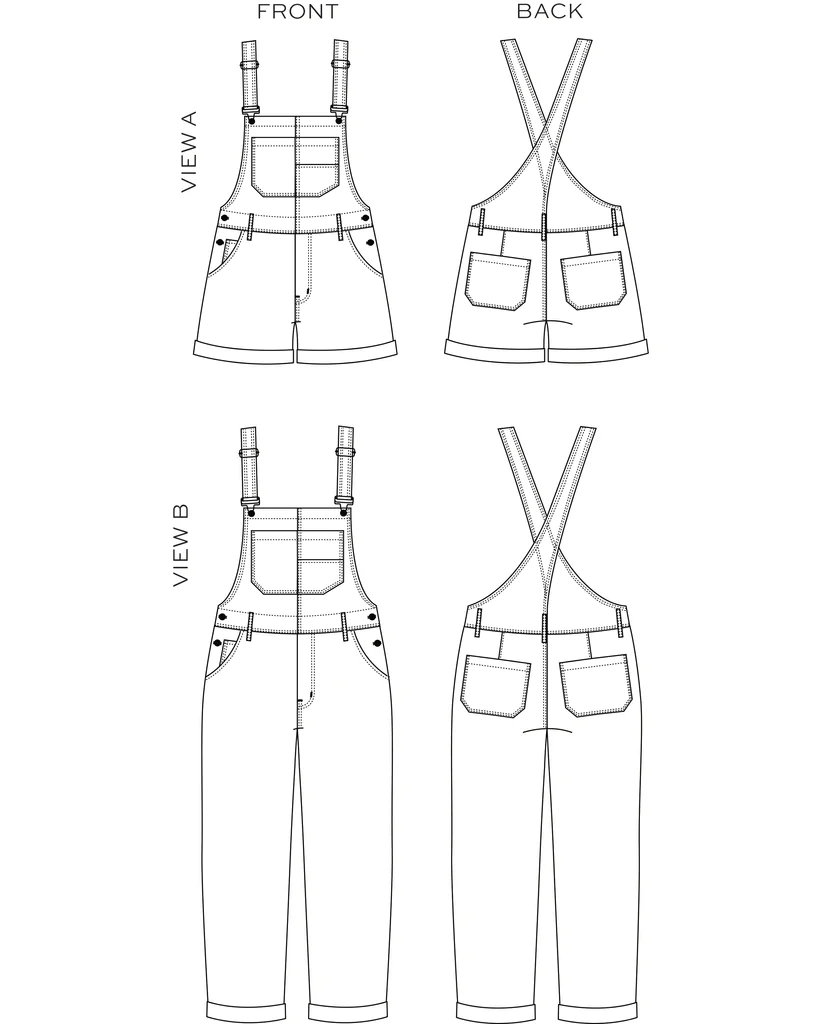 True Bias Riley Overalls sewing pattern – relaxed-fit denim overalls with shorts or pants options for sizes 14-32