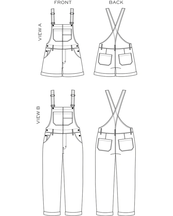 True Bias Riley Overalls sewing pattern – relaxed-fit denim overalls with shorts or pants options for sizes 14-32