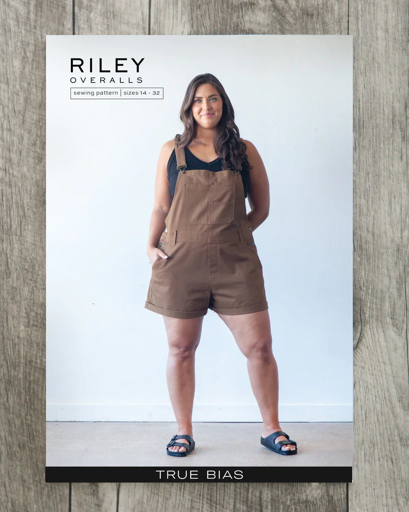 True Bias Riley Overalls sewing pattern – relaxed-fit denim overalls with shorts or pants options for sizes 14-32