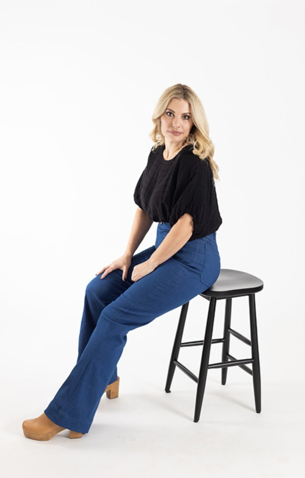 Chalk & Notch Isle Jeans sewing pattern – high-waisted stretch denim jeans with flare or wide-leg options for sizes 0-30