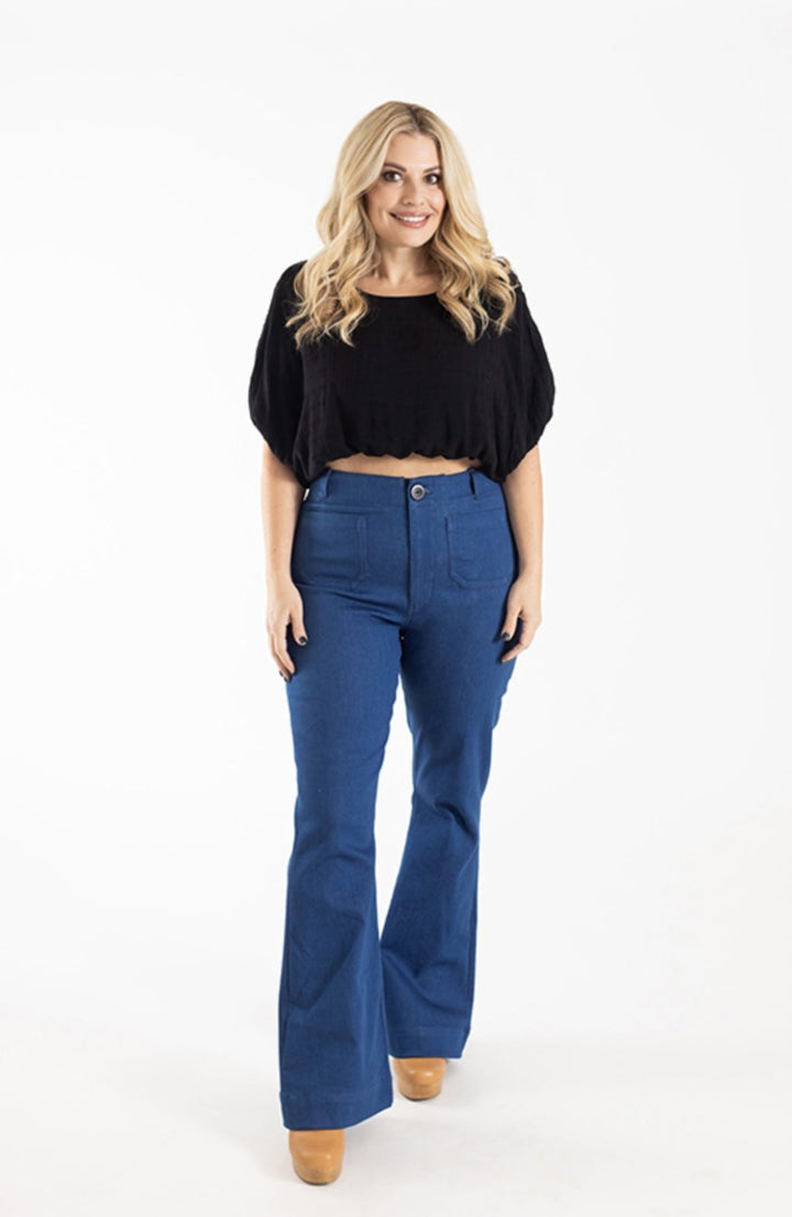 Chalk & Notch Isle Jeans sewing pattern – high-waisted stretch denim jeans with flare or wide-leg options for sizes 0-30