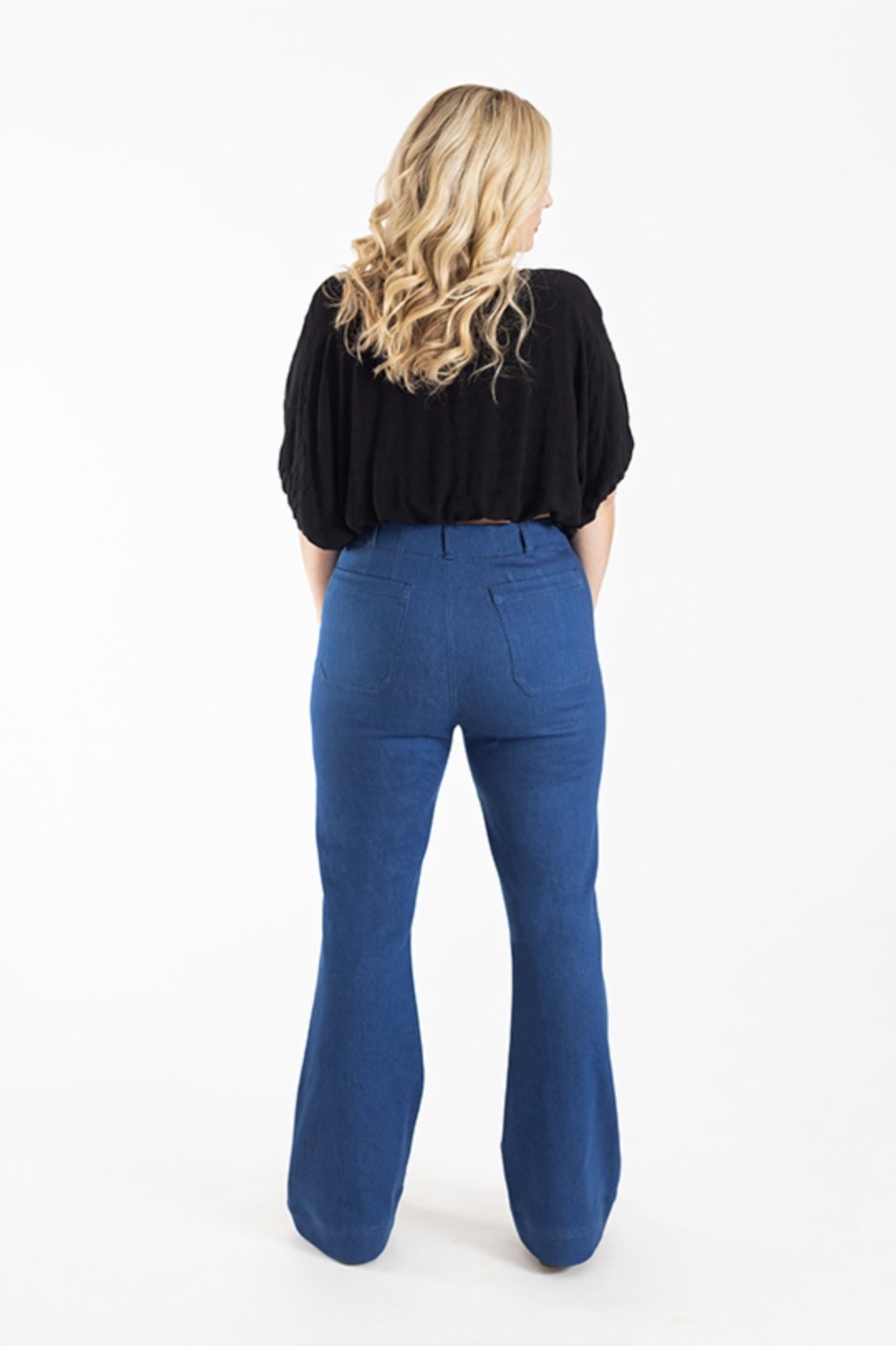Chalk & Notch Isle Jeans sewing pattern – high-waisted stretch denim jeans with flare or wide-leg options for sizes 0-30