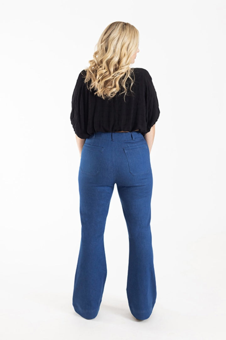 Chalk & Notch Isle Jeans sewing pattern – high-waisted stretch denim jeans with flare or wide-leg options for sizes 0-30