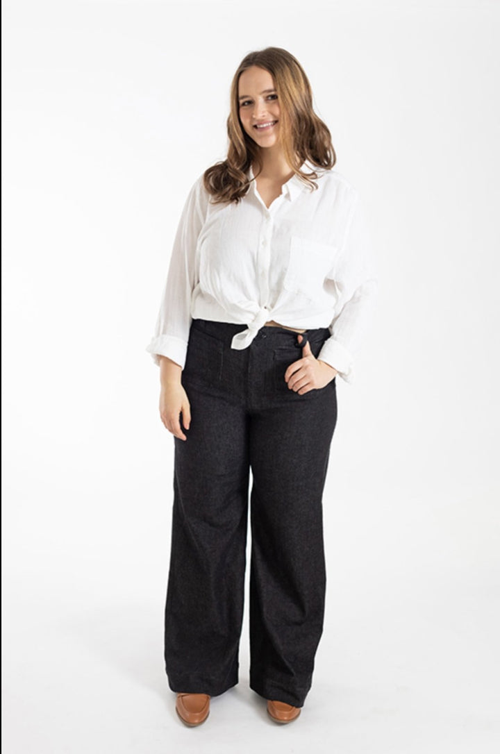 Chalk & Notch Isle Jeans sewing pattern – high-waisted stretch denim jeans with flare or wide-leg options for sizes 0-30