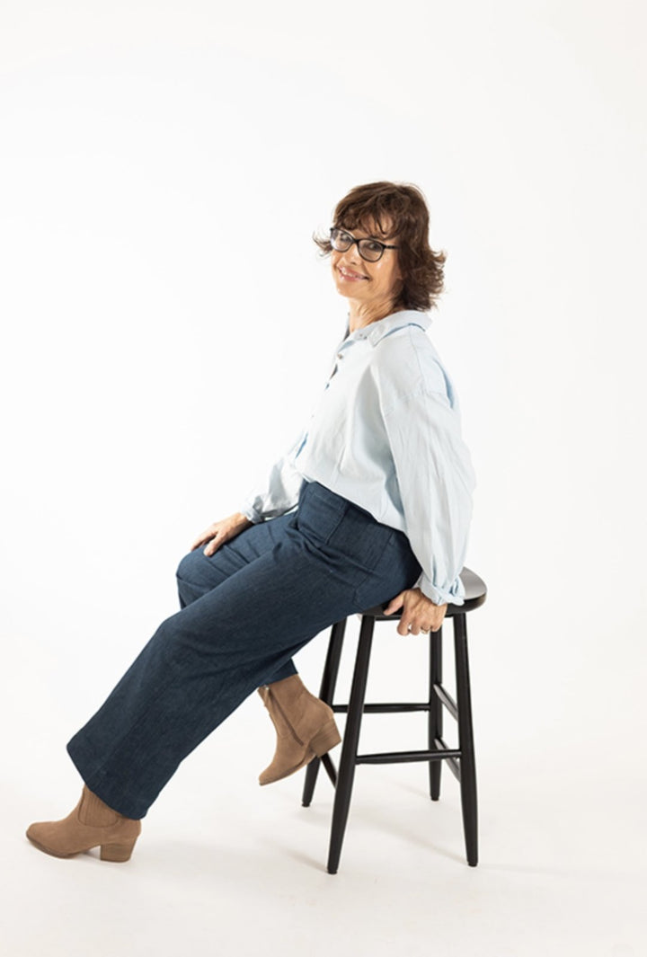 Chalk & Notch Isle Jeans sewing pattern – high-waisted stretch denim jeans with flare or wide-leg options for sizes 0-30