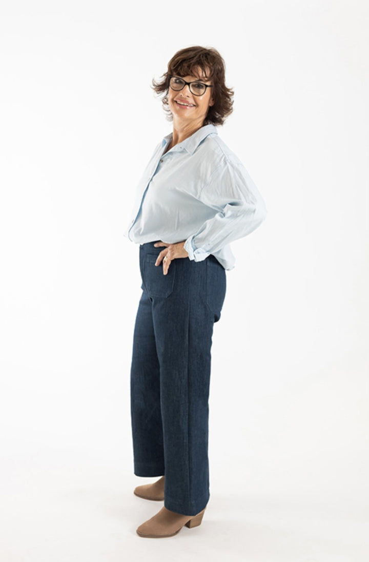 Chalk & Notch Isle Jeans sewing pattern – high-waisted stretch denim jeans with flare or wide-leg options for sizes 0-30