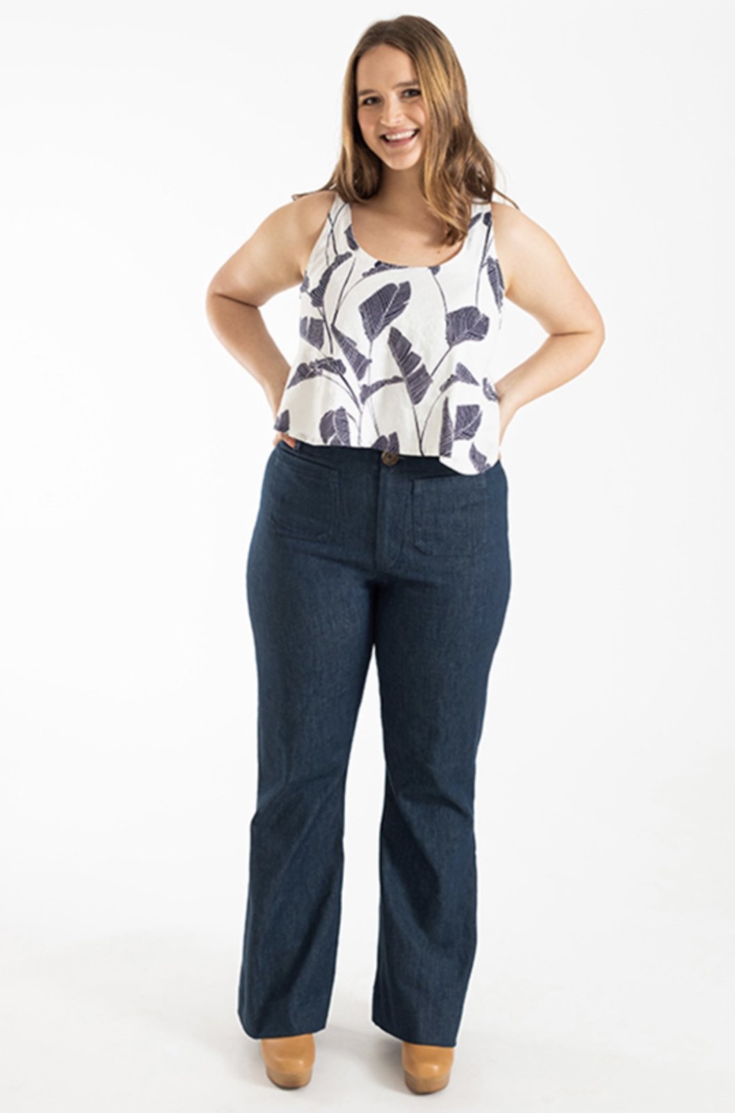 Chalk & Notch Isle Jeans sewing pattern – high-waisted stretch denim jeans with flare or wide-leg options for sizes 0-30