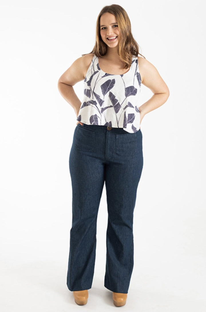 Chalk & Notch Isle Jeans sewing pattern – high-waisted stretch denim jeans with flare or wide-leg options for sizes 0-30