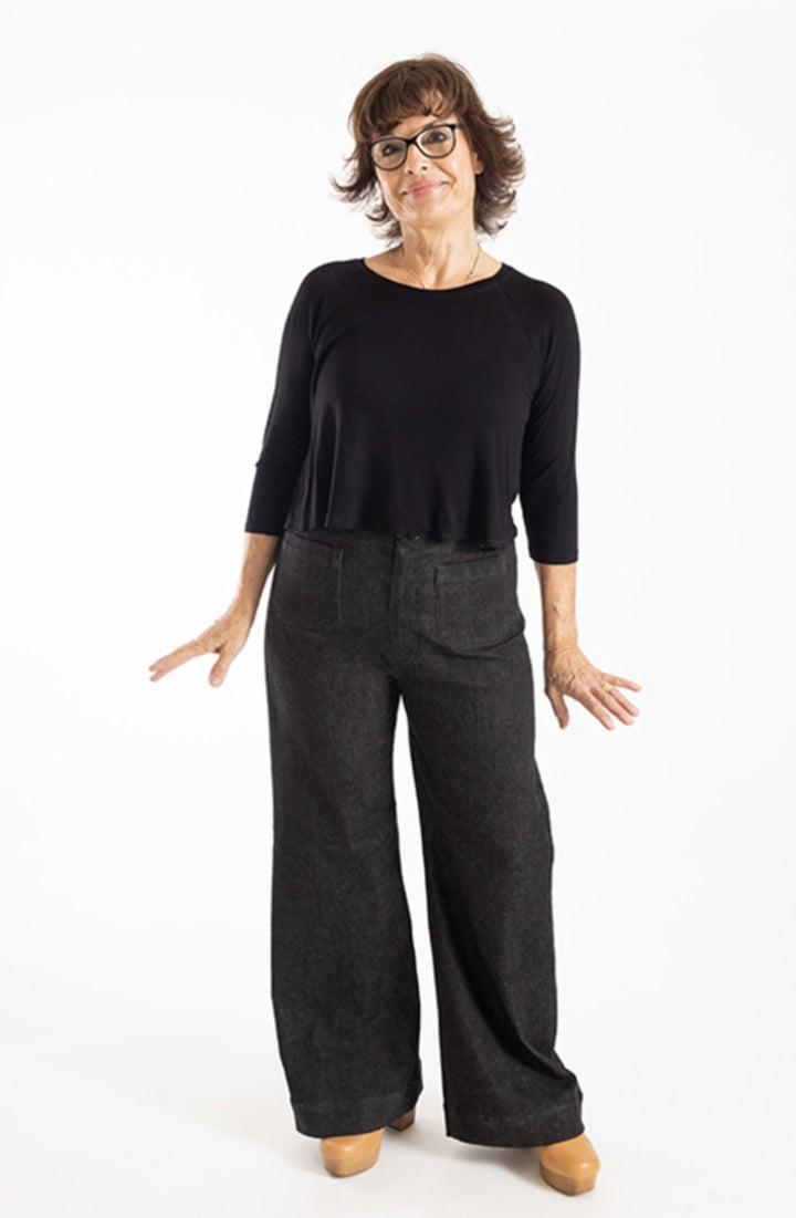 Chalk & Notch Isle Jeans sewing pattern – high-waisted stretch denim jeans with flare or wide-leg options for sizes 0-30