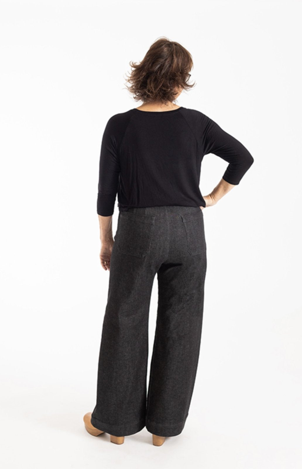 Chalk & Notch Isle Jeans sewing pattern – high-waisted stretch denim jeans with flare or wide-leg options for sizes 0-30
