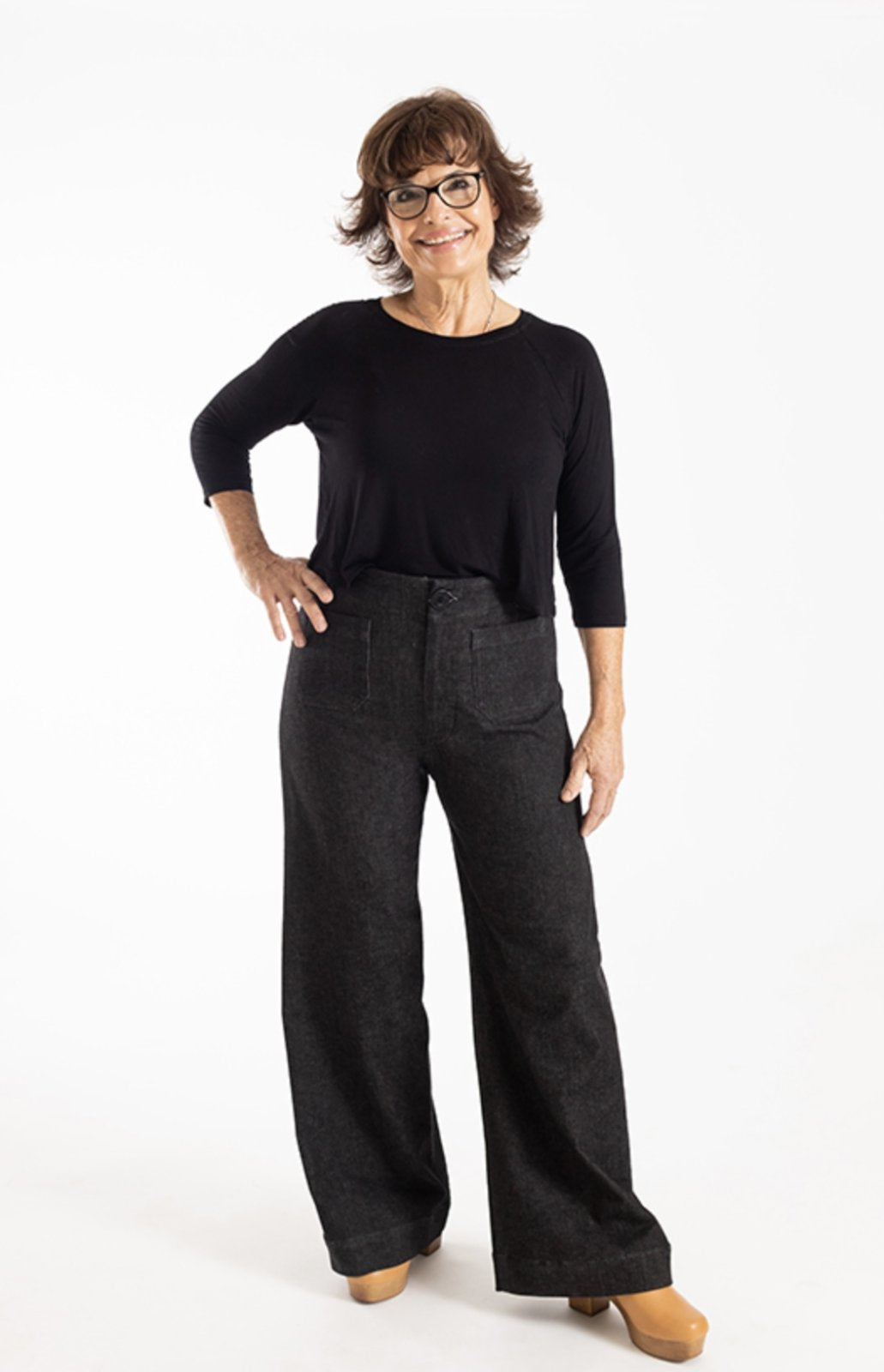 Chalk & Notch Isle Jeans sewing pattern – high-waisted stretch denim jeans with flare or wide-leg options for sizes 0-30