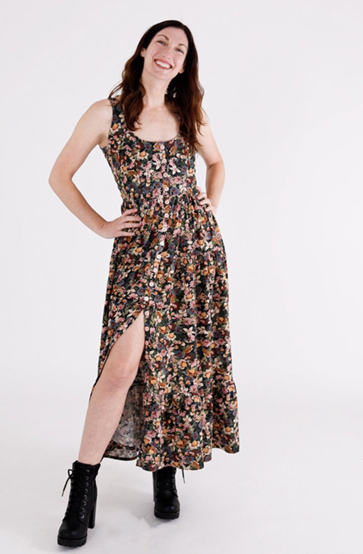 Chalk & Notch Shay Dress sewing pattern – tiered maxi dress with scoop neck and puff sleeves for sizes 0-30